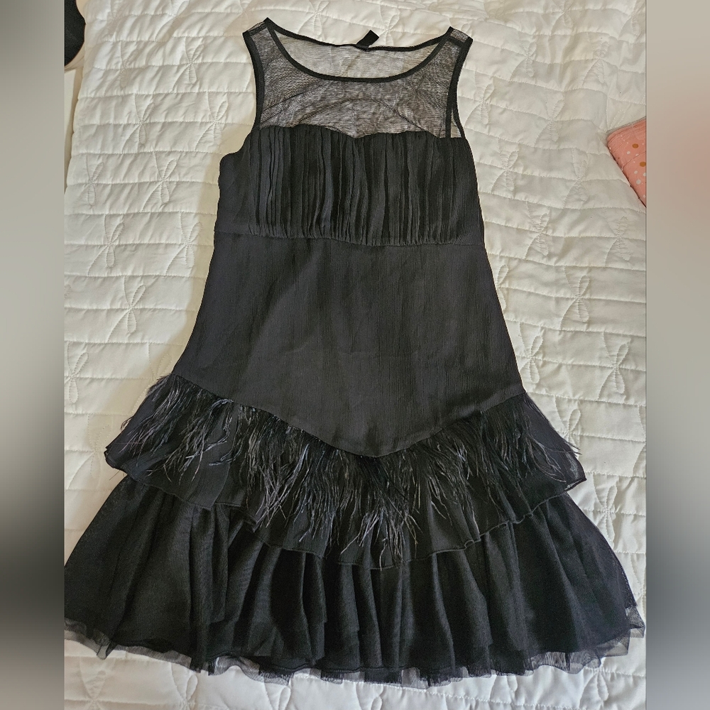 Black Ruffled Dress With Feathers